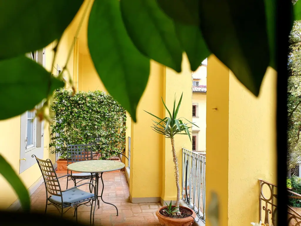 The loggia with a table, seen through leaves