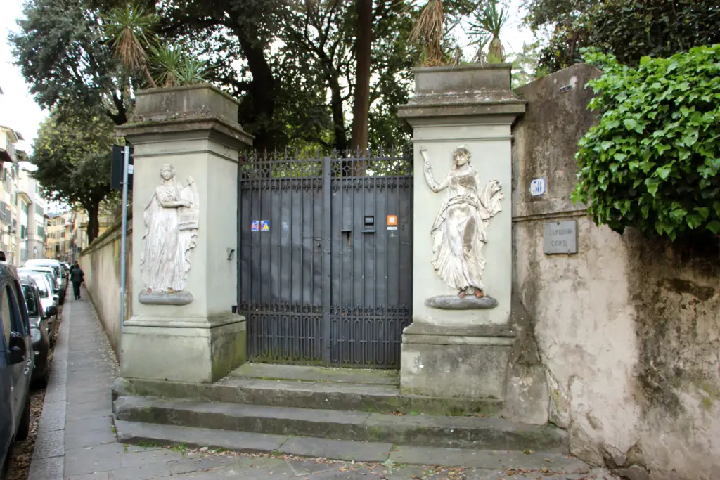 Gate of the Giardino Corsi on Via Romana, flanked by stucco figures